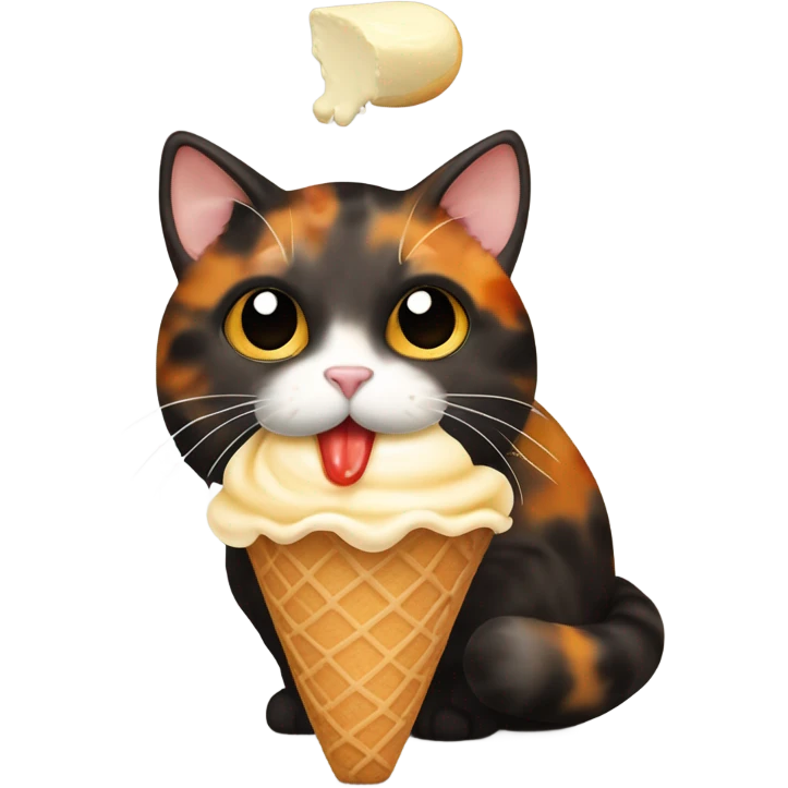 Cute fat tortoiseshell cat eating ice cream emoji