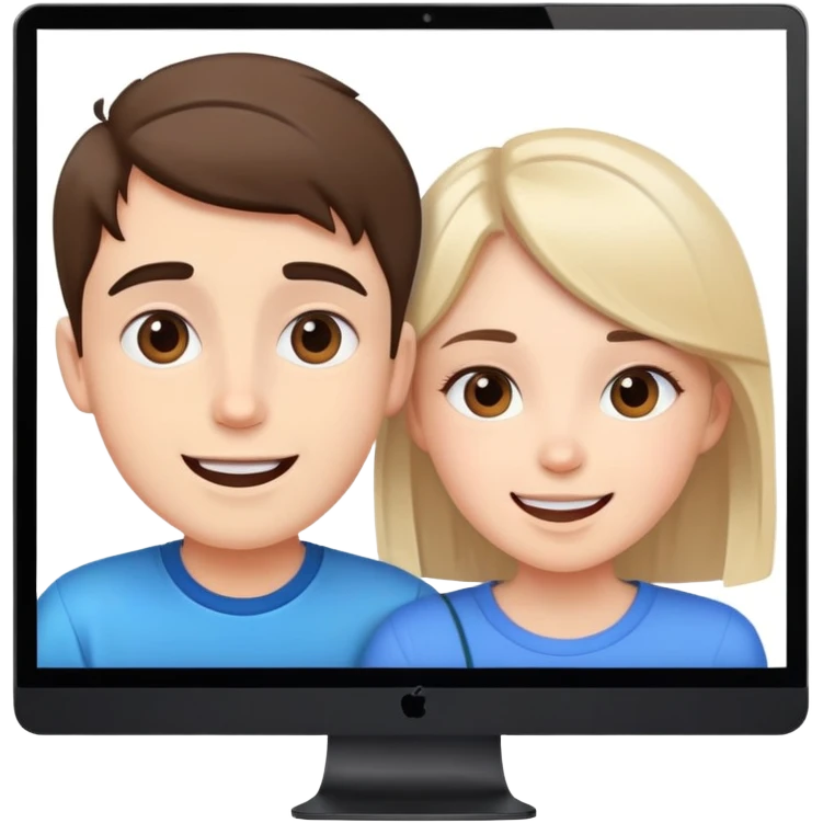 boy and girl on a video call, computer screens with faces, happy conversation emoji