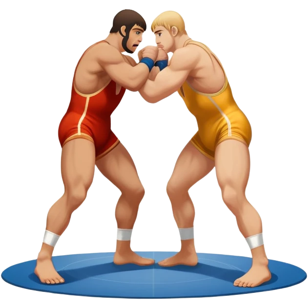 An icon showcasing two wrestlers engaged in a Greco-Roman wrestling match. The athletes are locked in a strong clinch, using their upper bodies to dominate. The background features a wrestling mat and traditional Greco-Roman elements. Transparent background. emoji