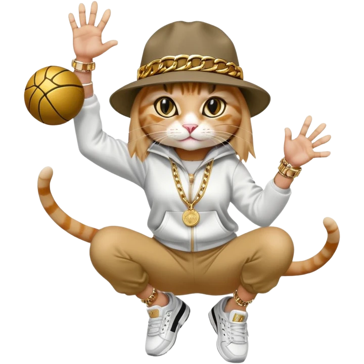 female cat wearing Run DMC hip-hop outfit with tracksuit, fedora, Adidas sneakers, many gold chains, rings, bracelets, flashy earrings, reaching up and catching a ball high in the air, no sunglasses emoji