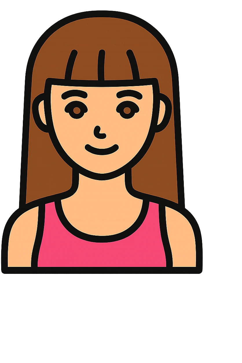 icon of an American girl with long brown hair with bangs, pink tank top, hazel eyes, slim build, outlined, simple and modern emoji