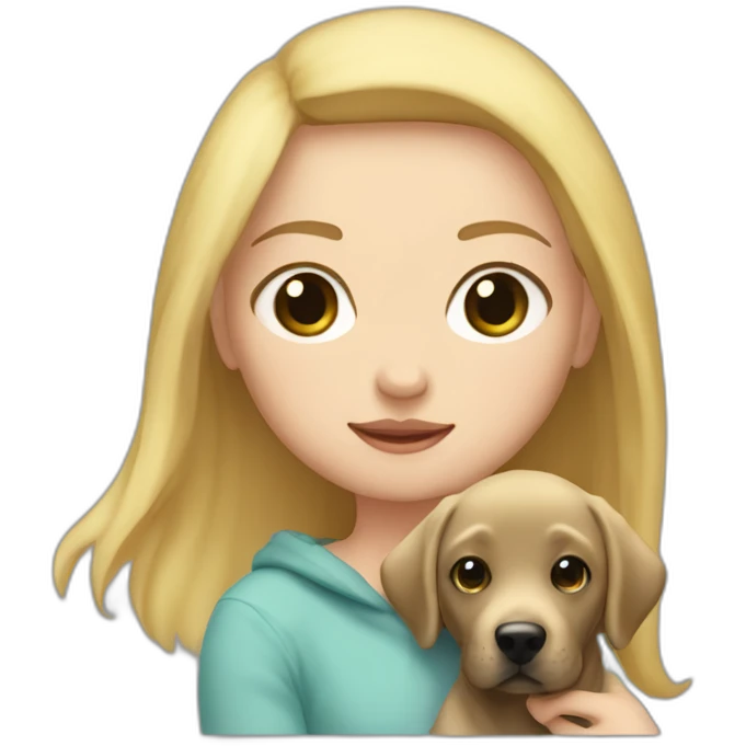 A blonde girl with smooth hair and a ray in the middle of his hair, she has light skin a few freckles, and she wear a hoodies and she Carries in his arms a baby black labrador dog  emoji