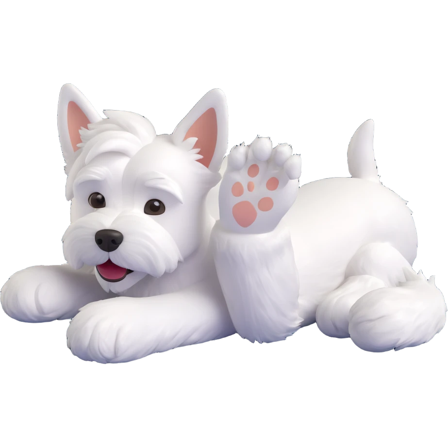 cartoon Westie dog lying on its back, paws up, white fur, peaceful expression emoji