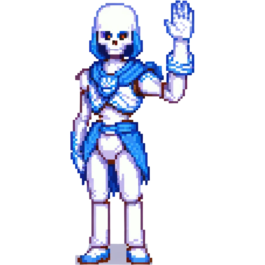 pixel art of Papyrus from Undertale, waving, blue and white outfit, confident expression emoji