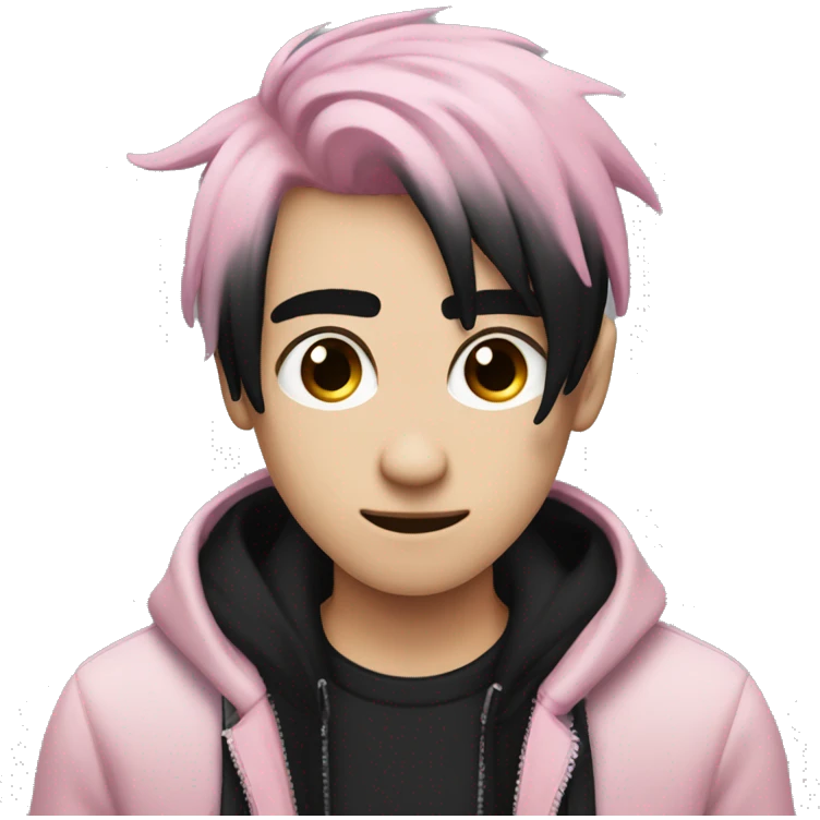 Create an emoji of an emo guy with split-dyed hair—one side pastel pink and the other side black. The hair should have a slightly messy, choppy texture, and the character should have a subtle, sad expression, wearing dark clothing typical of emo fashion emoji