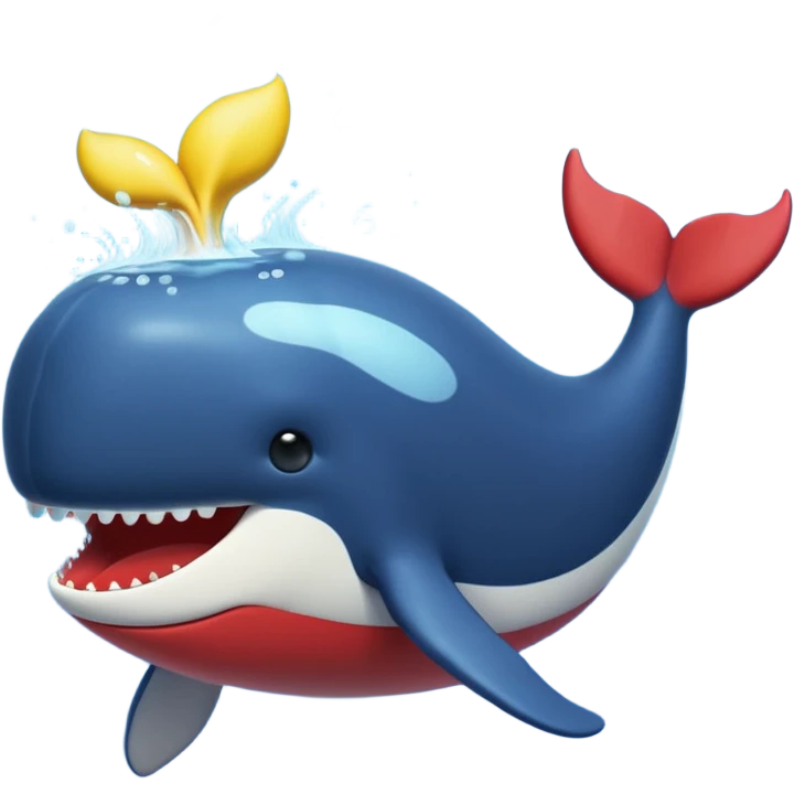 spouting whale emoji, in blue, red, green, black, yellow emoji