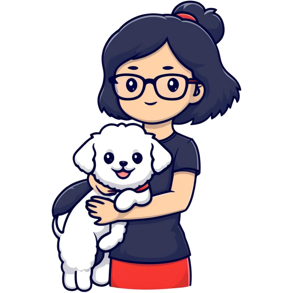 Girl with long black hair and glasses holding a white Bichon Frise dog emoji