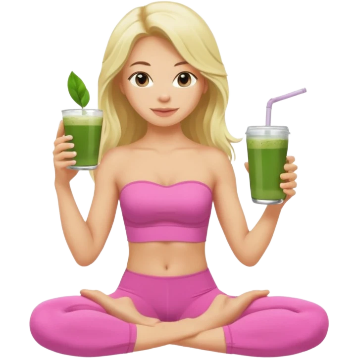 long haired blonde pilates instructor in pink drinking matcha in cute set with no straps emoji