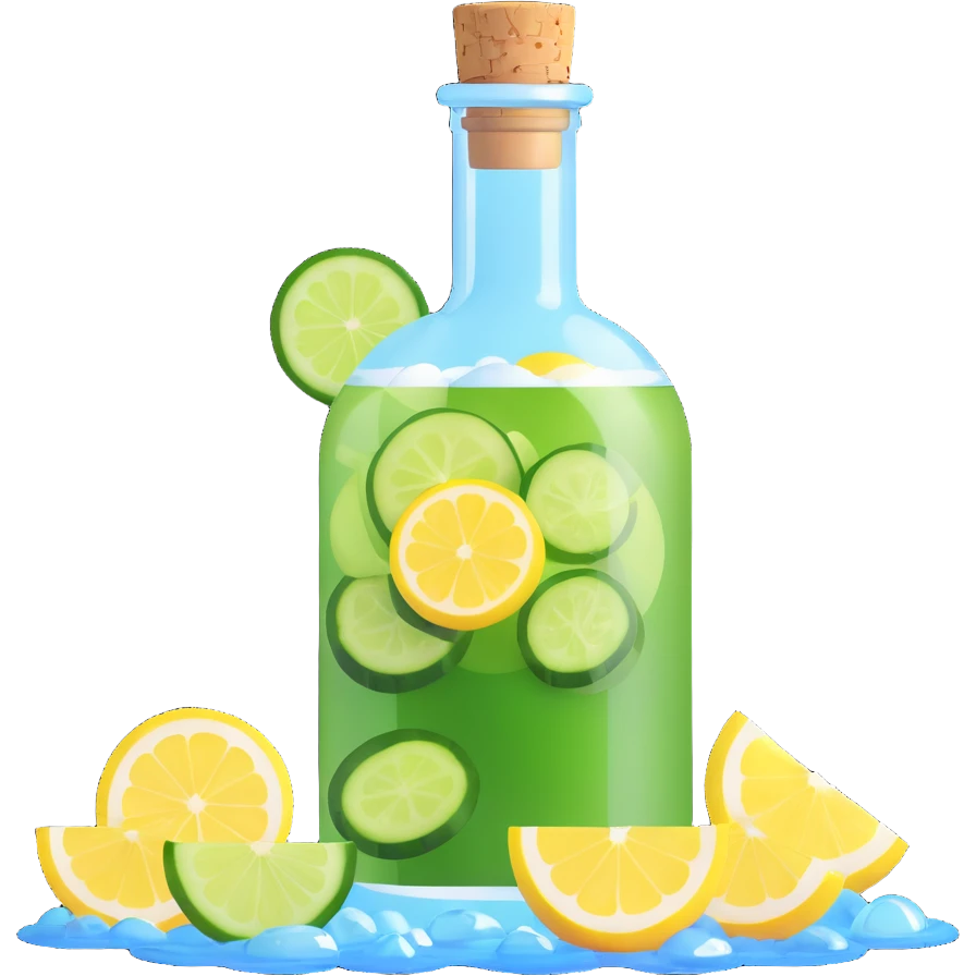 elegant 3D cocktail in a round bottle with a very small neck and cork, liquid color #6fdef1, inside cucumber slices, lemon slices, and ice cubes, realistic, glossy, visually attractive emoji