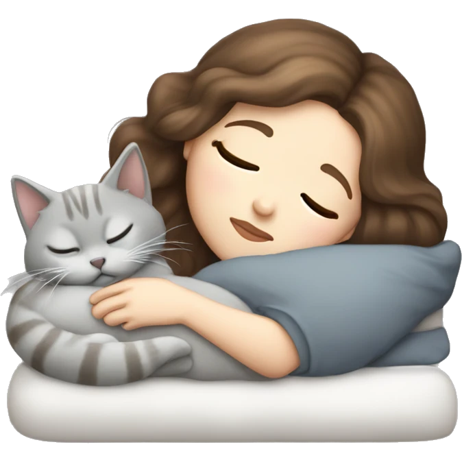 White girl brown hair sleeping with light grey kitty emoji