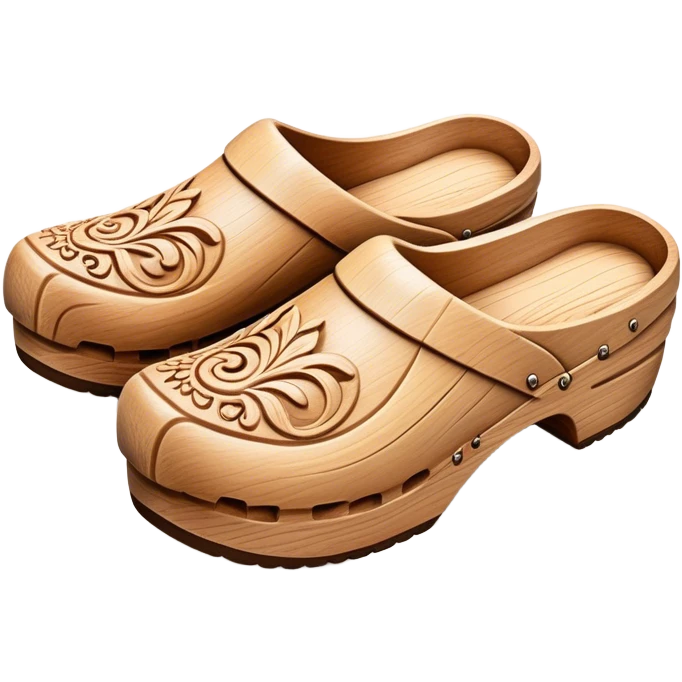 Cinematic Realistic Wooden Clogs Emoji, depicted as a pair of traditionally carved wooden clogs with intricate details and rustic charm. emoji