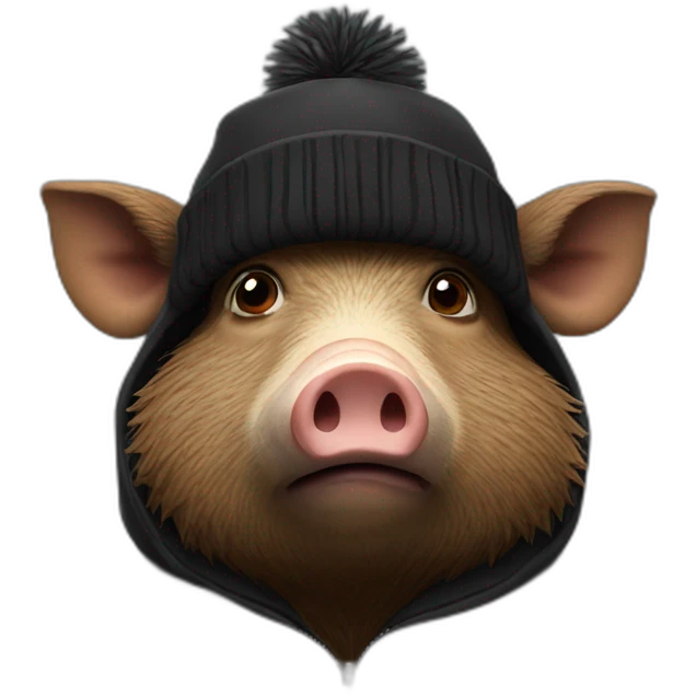Bored brown boar in a black winter hat and black jacket emoji