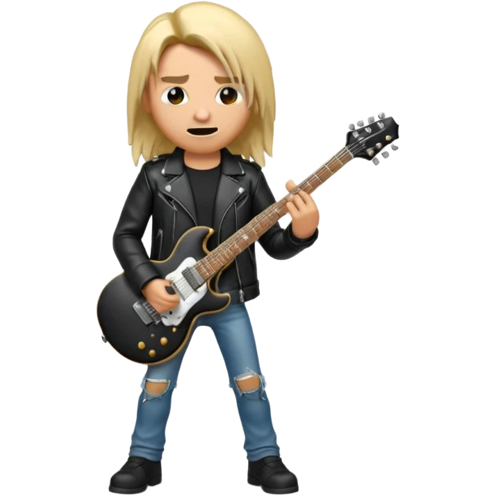 3D Apple-style emoji of a metal musician. Long hair, black leather jacket, ripped jeans, holding an electric guitar. Intense expression, glossy, rounded, smooth, soft shadows, white background.










 emoji