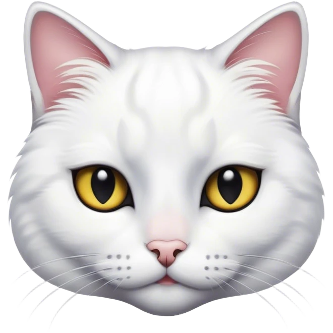 A white cat with a black spot on her left eye and a black back emoji