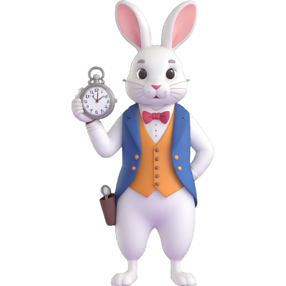 Alice in Wonderland white rabbit with large ears and a pocket watch, wearing a waistcoat, looking anxious and whimsical, simple and cute style emoji emoji