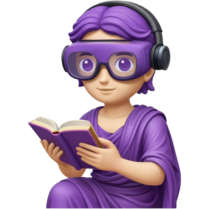 an-emoji-of-a-ancient-young-greek-statue-reading-a-book,-wearing-vr-glasses,-purple-colors,-digital-universe emoji