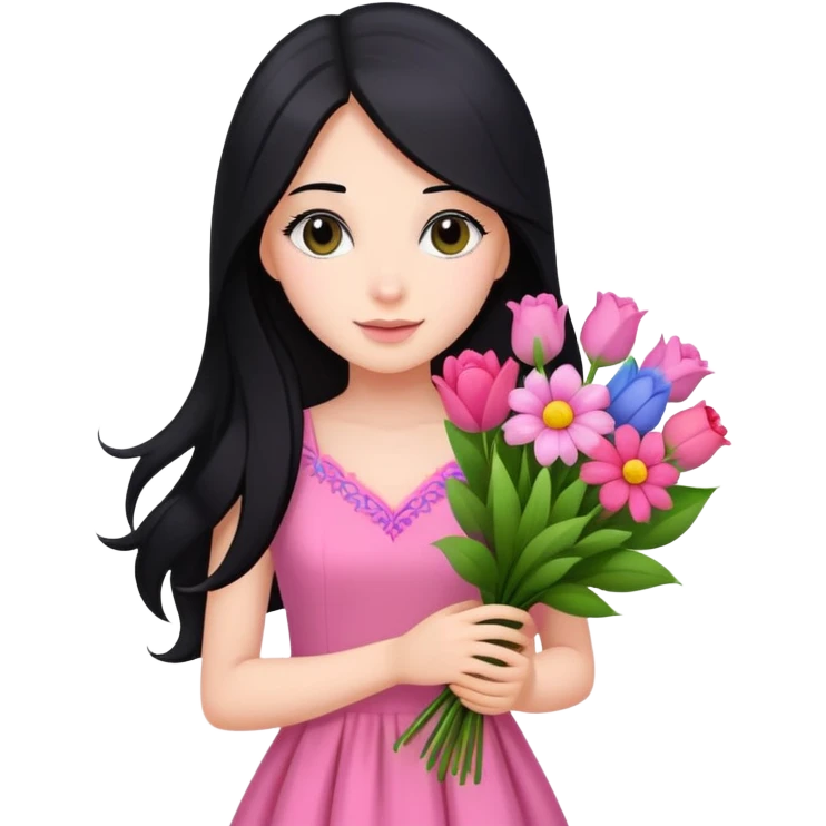 beautiful girl with long black hair, fair skin, wearing pink dress holding a colorful bouquet of flowers emoji
