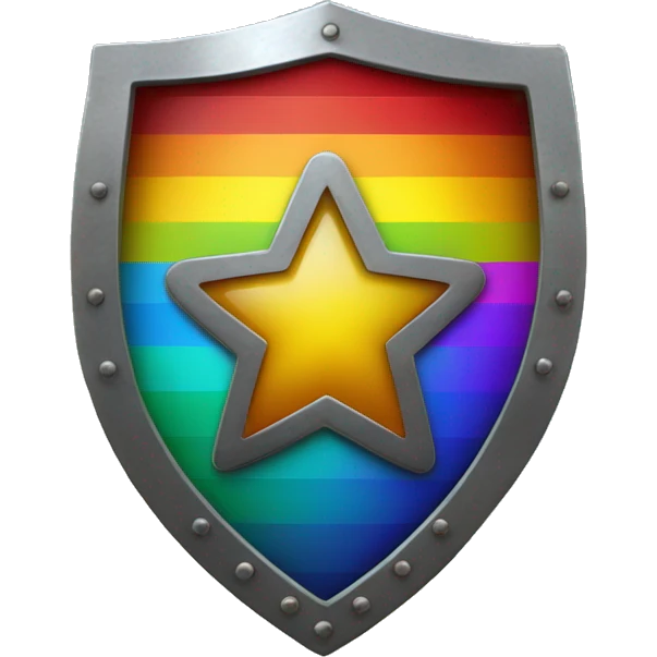 A circle metal shield that has a star in the middle and has rainbow stripes along the outside  emoji