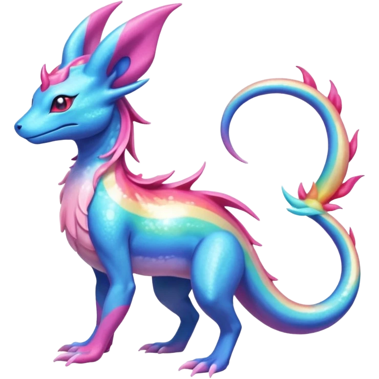 Shiny Sparkly beautiful gorgeous ethereal Rainbow Scaley Exotic Salandit-Aurorus-Sylveon-Suicune-Fakémon-hybrid-creature (full body) emoji