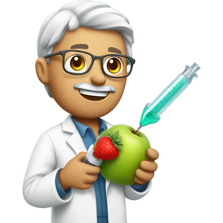 Scientist holding a fruit with a syringe inside of it in his hands emoji