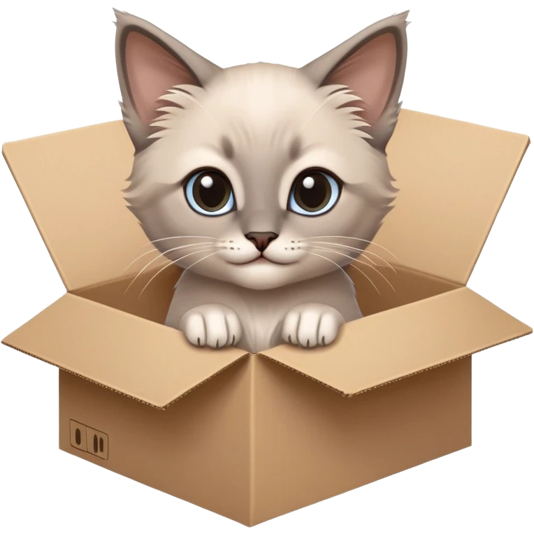  A very cute gery young happy kitten long hair Siamese Cat cat with one's head tilted to one side poked its paws out of the cardboard big box and placed them on top of it emoji