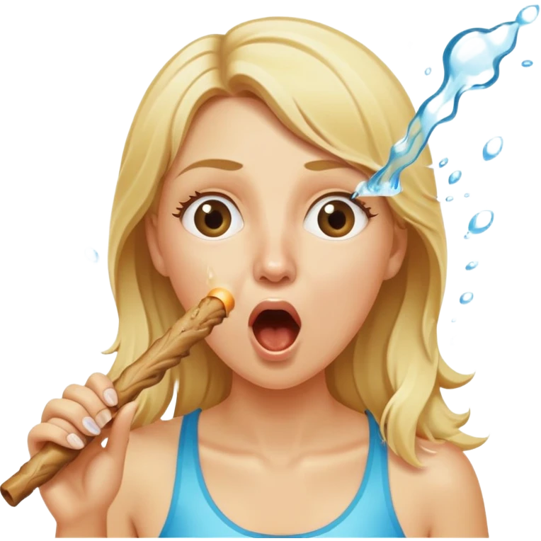 blond woman eating a stick the same color as her skin, water stream squirting directly from the stick into her open mouth, surprised expression emoji