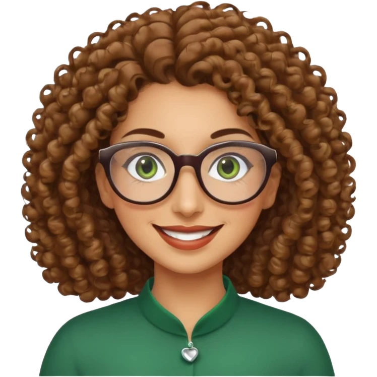 40 yr old Iranian woman, light brown very curly thick hair, shoulder length hair, green eyes, tan skin, big smile, big glasses emoji