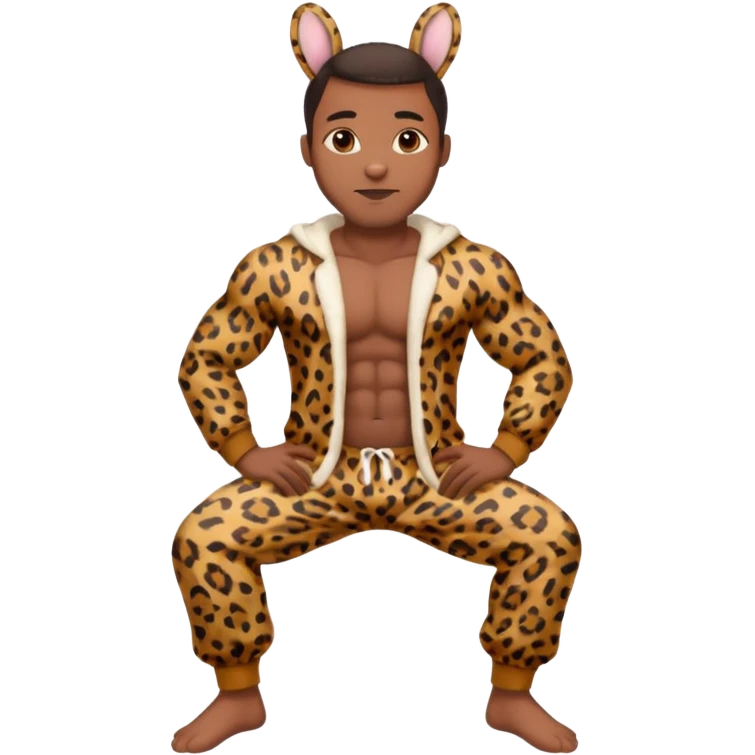 Handsome Black guy with brown skin tone, with muscular build, wearing loose fitting leapard print pajamas and bunny slippers  emoji
