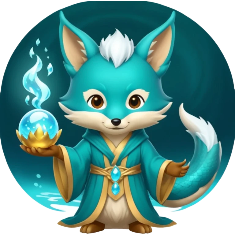 Chibi teal fox with small antler horns, confident magical expression, gold mark on forehead, teal-gold robe, holding glowing blue water orbs, with dragon tail emoji