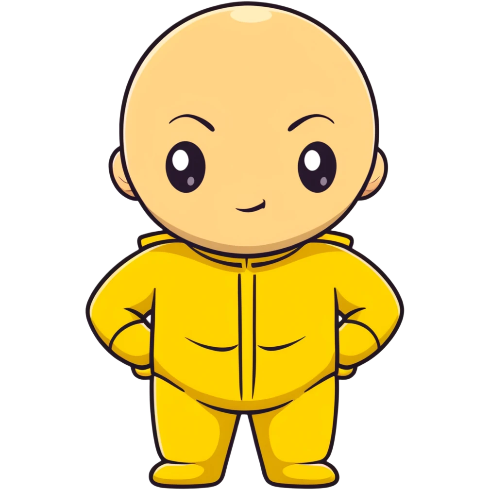 Saitama with blank face from One Punch Man, plain expression, bald head, simple round eyes, yellow hero suit, comical anime look emoji