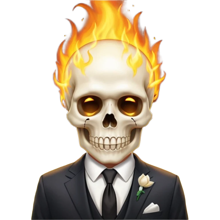 aesthetic shiny glowing divine lighting - Megadeth icon - a politician in an ivory ethereal suit wears a white tie, has a skull instead of a head, and instead of glasses, burns in fire emoji