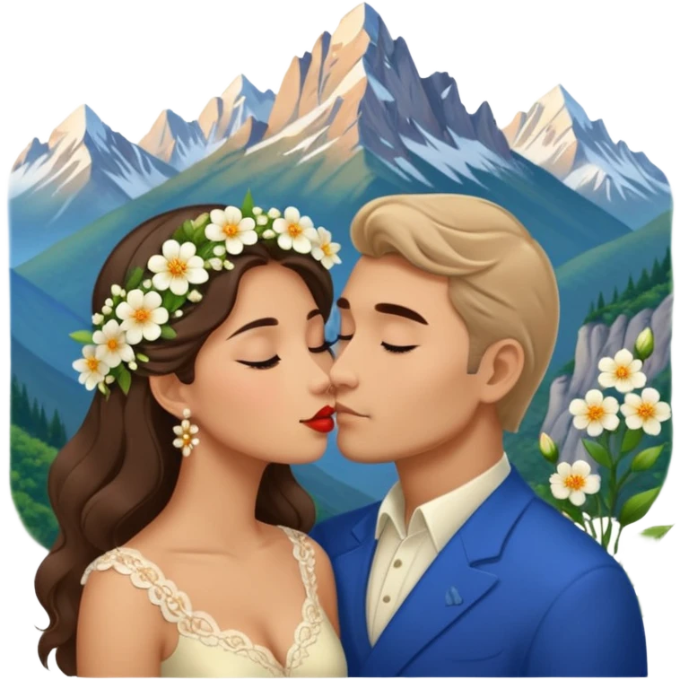 Kissing Couple traveling in Montenegro russian man and elegant  Latina girl delicate flowers and mountains in the background  emoji