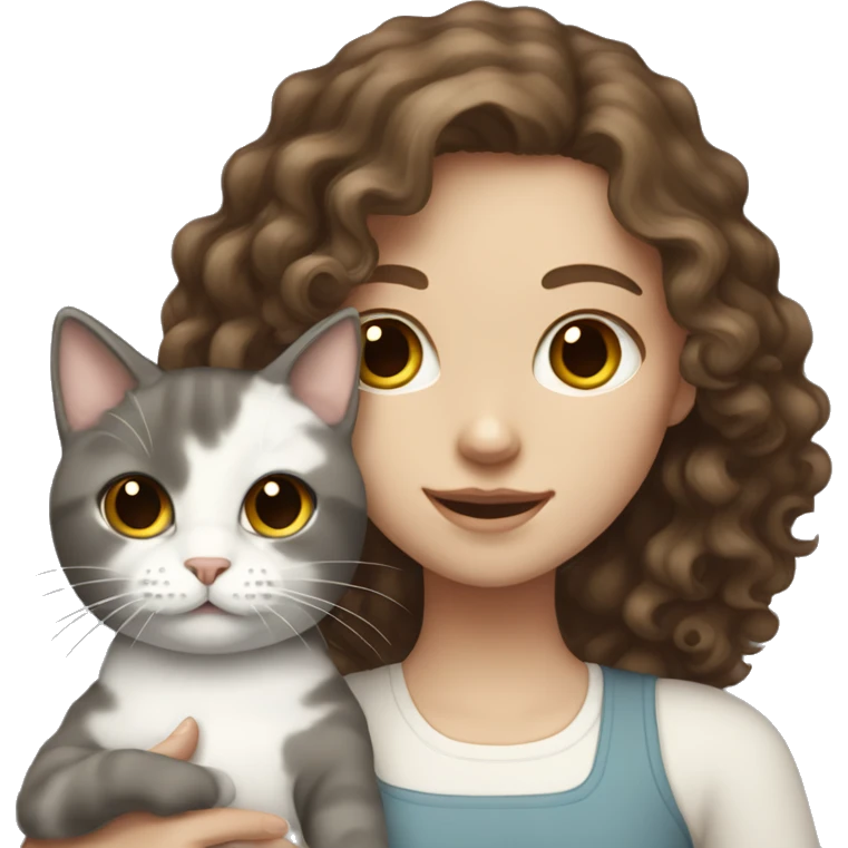 pale girl with brown curly hair holding grey and white cat emoji