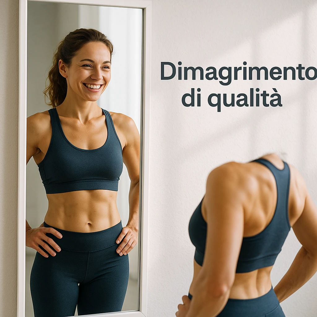 adult woman in sporty clothing smiling in front of a mirror, observing the results of her weight loss journey, toned and proportionate body, bright and motivating atmosphere, Italian text: 'Dimagrimento di qualità', 4K quality emoji