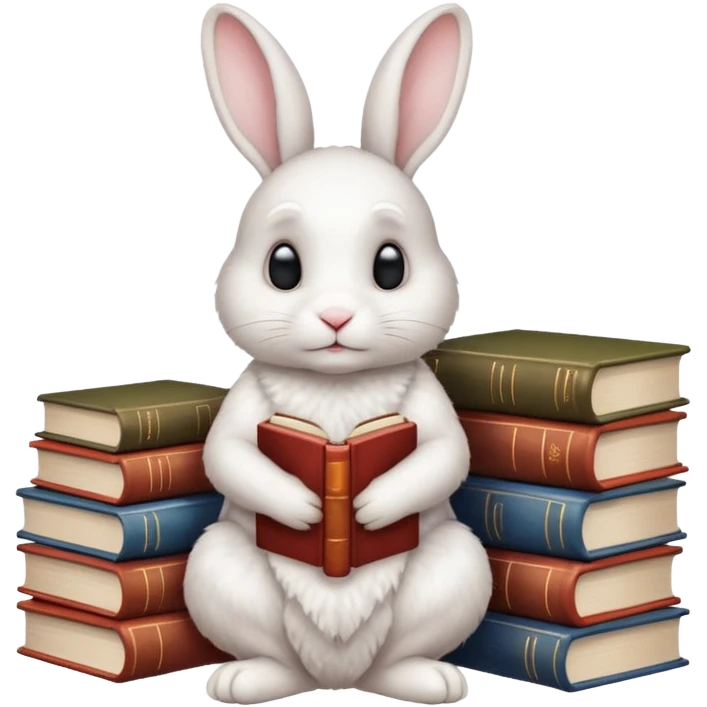 White rabbit sitting next to a stack of books consisting of 3 books emoji