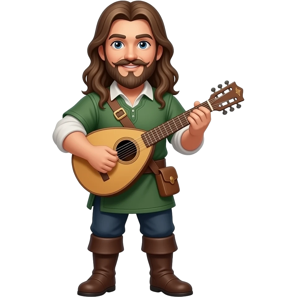 Beautiful Happy Bard with long hair, Handlebar mustache, pointed goatee and a lute full body dnd emoji