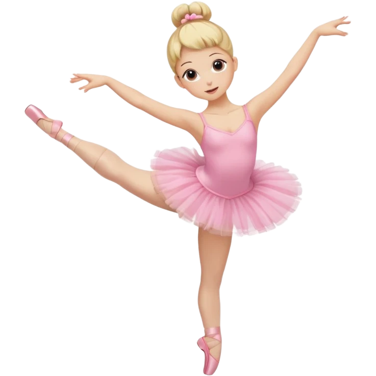 aestethic blonde girl doing ballet, with a pink tutu, bun, with a leg on the floor, and the other one in the air, with 2 legs!! emoji