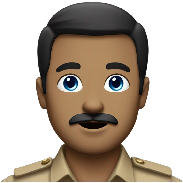 A man with black hair combed left, sharp blue eyes, and a pale, angular face. He has a small mustache with both sides cut, pointed nose, and wears a light brown military shirt with a red armband, and shows his waist emoji