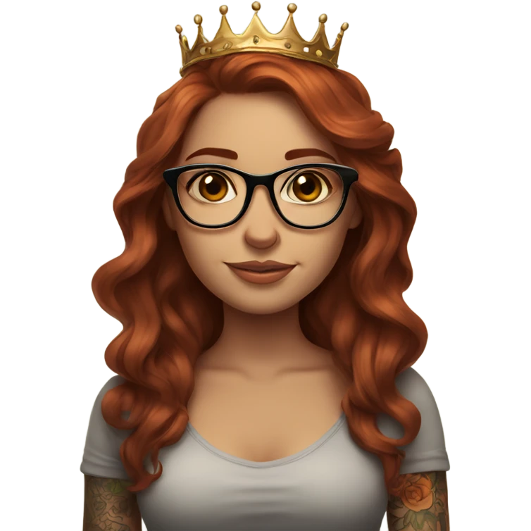 Beautiful girl, long auburn hair, tattoos, glasses and a crown emoji