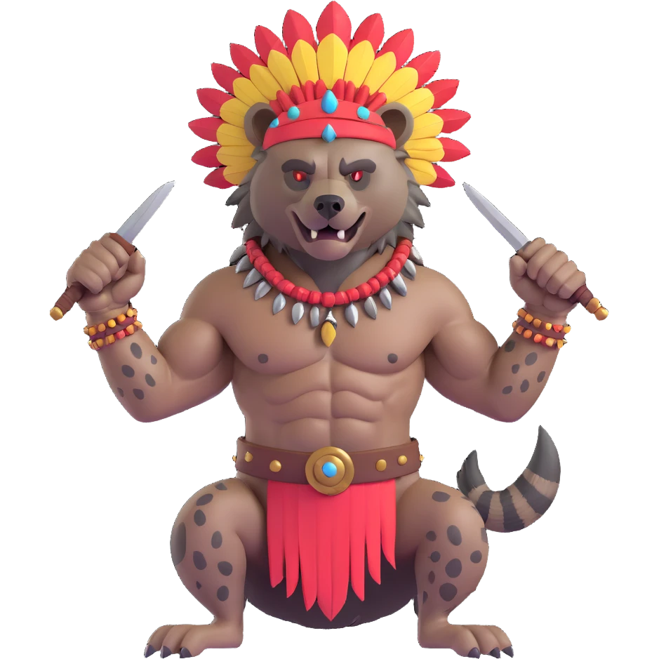 A native strong buff hyena with war bonnet flexing posing full body holding a chopped off human head by the hair  emoji