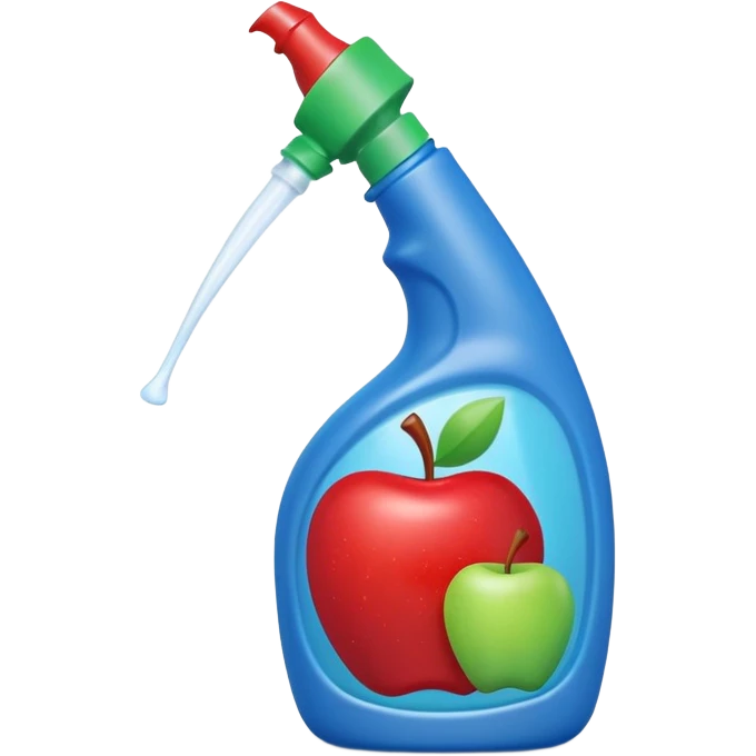angled plastic squeeze bottle with curved neck and pointed nozzle for toilet rims, opaque or slightly translucent, bold colors blue, green, red, firm ergonomic shape, no label, brush, or toilet, apple emoji style, soft lighting, subtle shadows, transparent background, emoji scale emoji