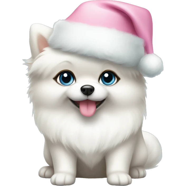 white pomeranian puppy full body light blue eyes pink christmas hat on emoji