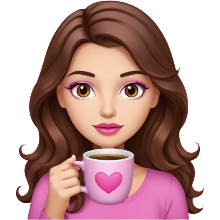 girl with long wavy brown hair, brown eyes, long lashes makeup,sexy pink lips, light to medium complexion, pink sexy top, with a coffee mug emoji