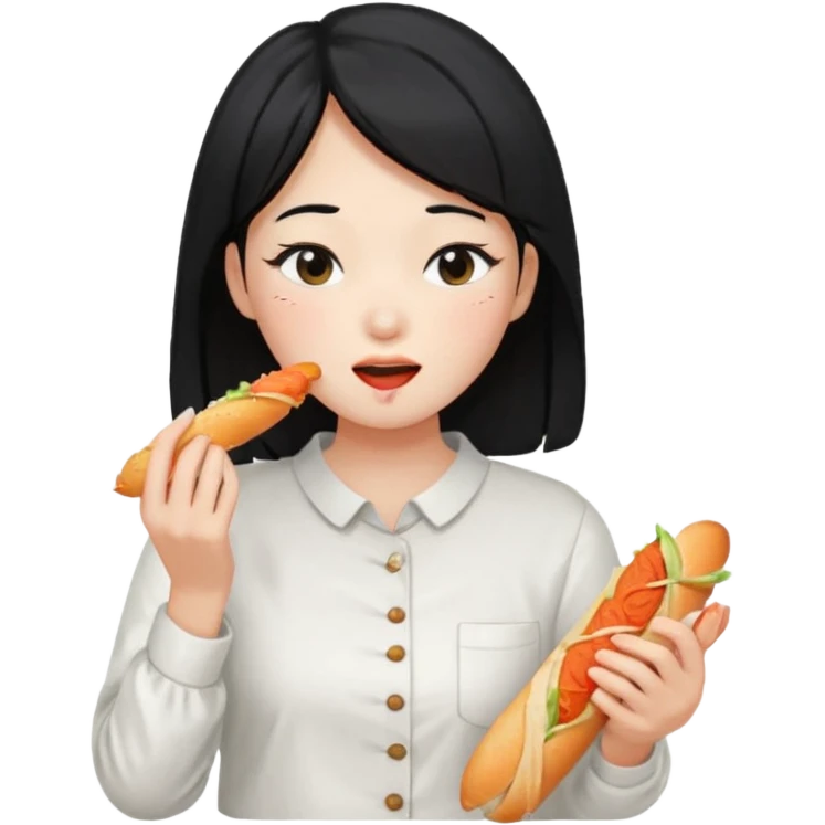 Girl black long hair eat kimchi close eyes baguette emoji