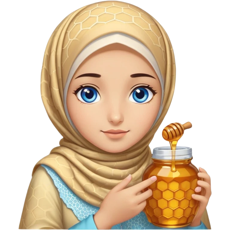 Turkish beautiful finish Konya girl blue eyes with honeycomb pastel hijab islamic dress and had on her hand honey emoji