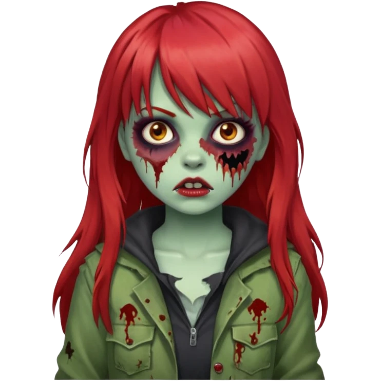 Uma menina de franja cheia, cabelos vermelho grande zumbi emoji