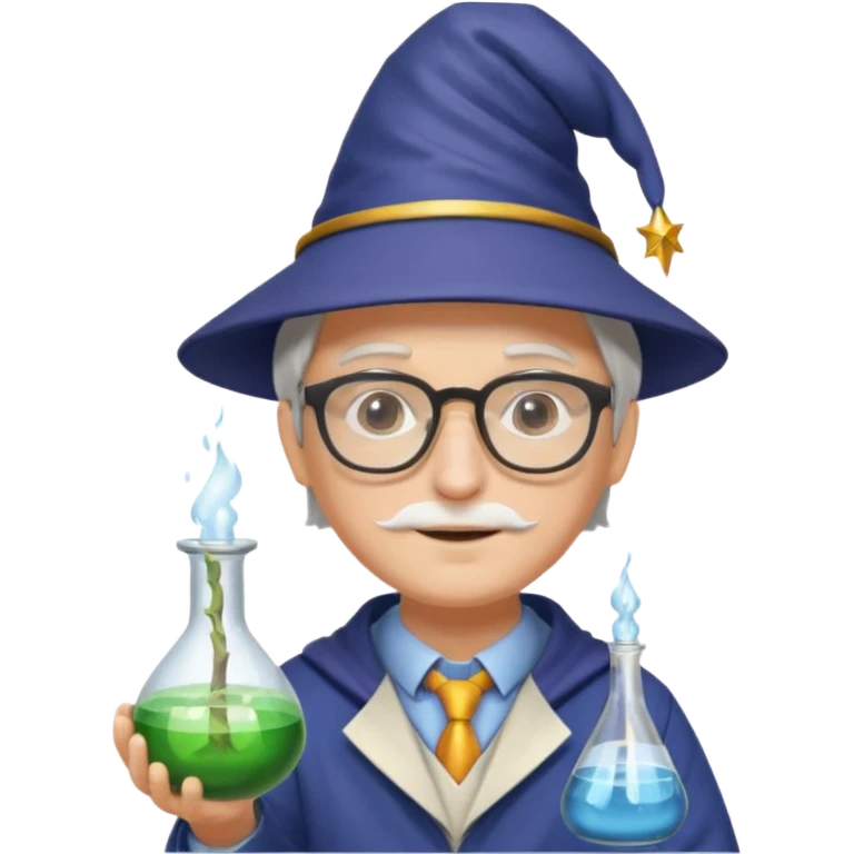 scientist with glasses, wearing wizard hat custome, with glass vase emoji