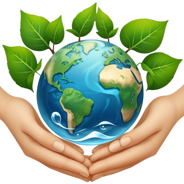An icon featuring a green leaf, Earth held in hands, and a recycling symbol, symbolizing ecology. The design includes trees, clean water, and animals, representing environmental protection, sustainability, and ecosystems. Transparent background highlights the science of nature and conservation. emoji