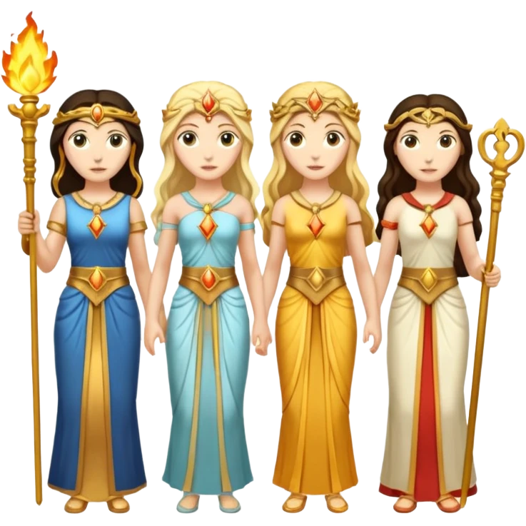 Three goddesses. one with a torch facing right,  one with a torch facing left, one in the center with a key. emoji