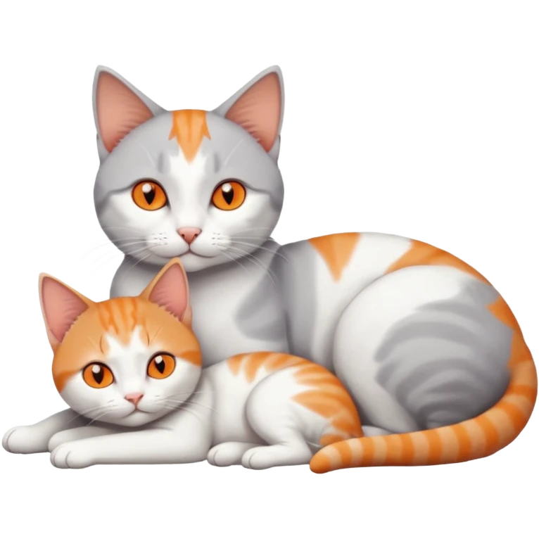full body of a grey and white cat cuddling a very small + skinny ginger and white kitten with deep orange eyes and triangular shaped face lying down emoji